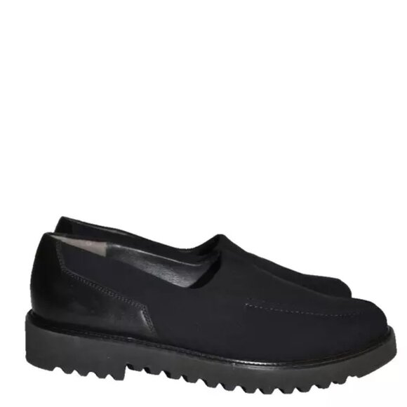 $480 PAUL GREEN Rosa Loafer BLACK LEATHER NYLON ALMOND PLATFORM 8.5 (TE8.5)